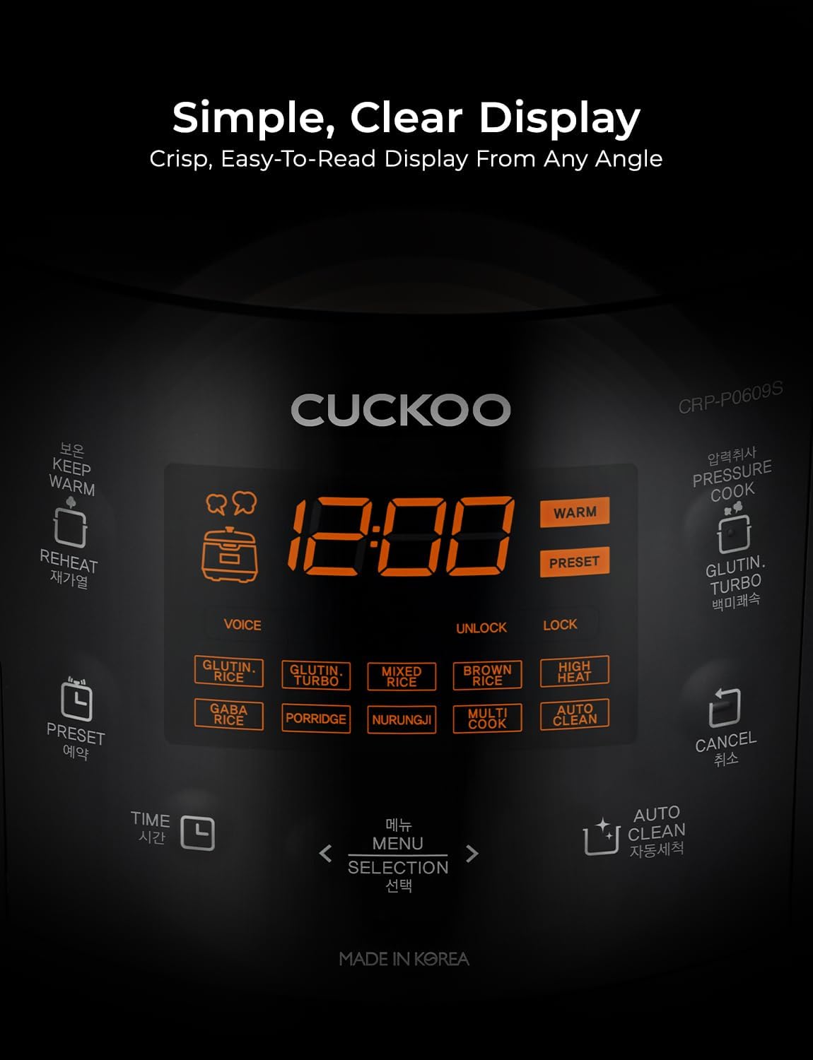 CUCKOO High Pressure Rice Cooker 6-Cup Uncooked / 12-Cup Cooked with Nonstick Inner Pot, Versatile Rice Maker with 12 Menu Options and Steam Plate, Fuzzy Logic Tech, Voice Guide, Black (CRP-P0609S)