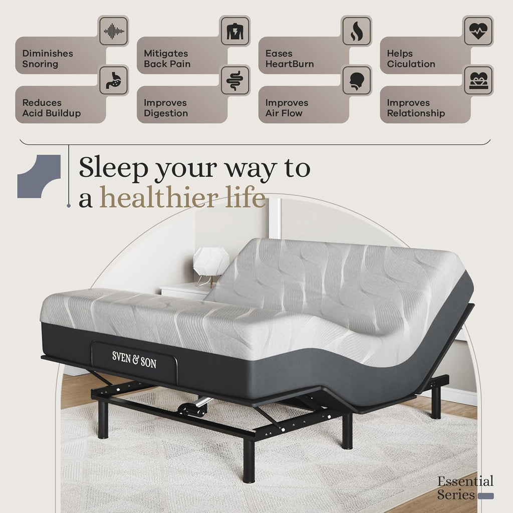 Sven and Son Essential Adjustable Bed Base (Frame) + 14 inch Hybrid Spring Matt (Medium Soft), Easy Assembly, Head and Foot Lift, Memory Positions, Zero Gravity, Wireless Remote - Queen