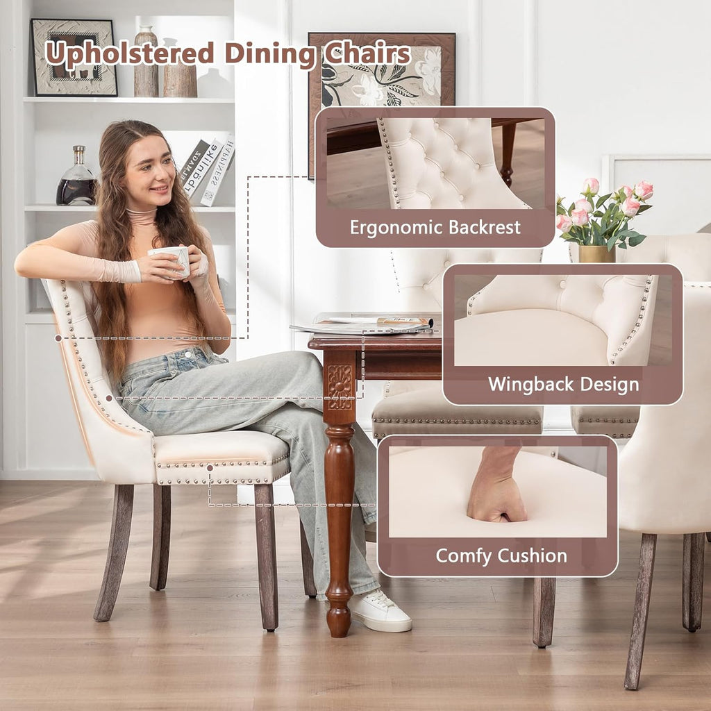 Velvet Dining Chairs Set of 4, Upholstered Dining Room Chairs with Nailhead Ring Pull Trim, Button Tufted Wing Back Chairs for Dining with Solid Wood Legs for Kitchen Dining Room(Beige)