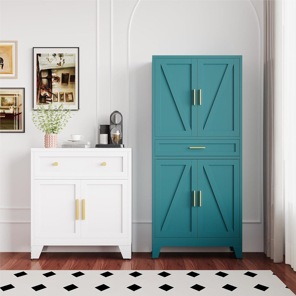 QINPTWUT 71" Farmhouse Pantry Cabinet in Blue, with 4 Doors & Center Drawer, Tall Food Cabinet with Adjustable Shelves, Freestanding Steel Cupboard for Kitchen, Dining Room, Pantry, Garage