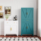 QINPTWUT 71" Farmhouse Pantry Cabinet in Blue, with 4 Doors & Center Drawer, Tall Food Cabinet with Adjustable Shelves, Freestanding Steel Cupboard for Kitchen, Dining Room, Pantry, Garage