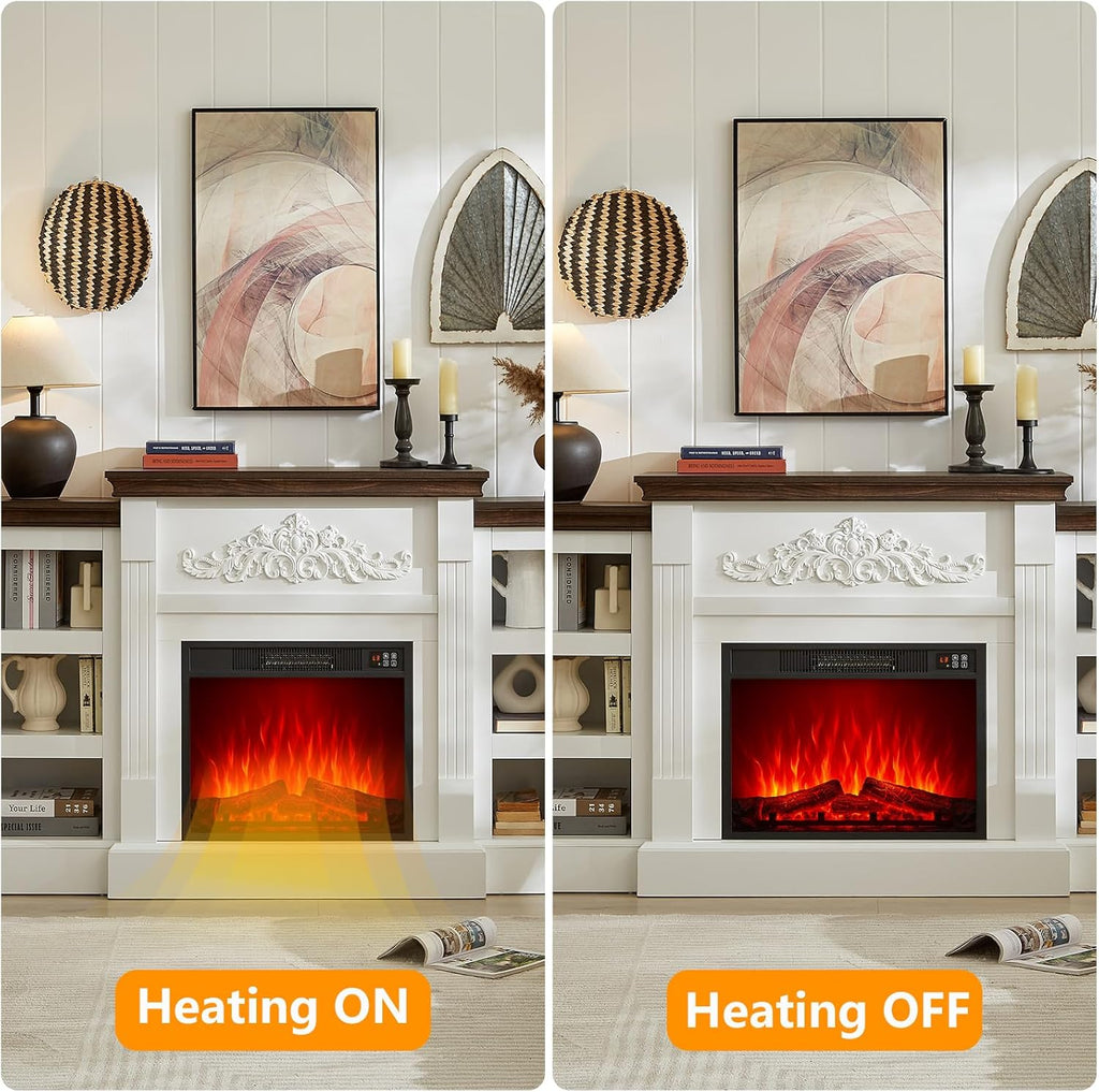 SOOWERY Electric Fireplace with Mantel, Fireplace TV Stand with Replaceable Fireplace Insert and Storage, Farmhouse Entertainment Center with Fireplace Heater for TVs Up to 80", White & Brown