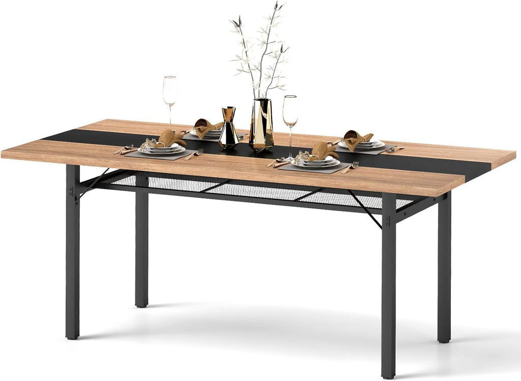 Giantex 71" Dining Table for 6-8 People, Large Kitchen Table with Heavy-Duty Metal Frame, Storage Rack, Industrial Rectangular Dinette Table for Dinner Dining Room Living Room Conference