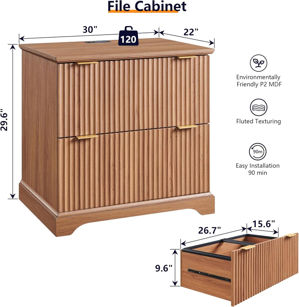 JXQTLINGMU 2 Drawer File Cabinet with Charging Station, 30" Fluted Lateral File Cabinet w/Files Hanging Rod for Letter/Legal/A4, Large Tabletop for Printer, Office Wood Printer Cabinets, Dark Grain