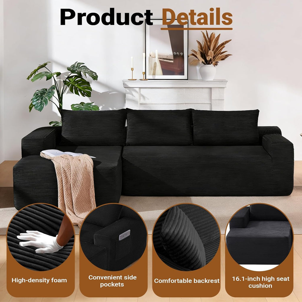 97" Cloud Sectional Couch, Modular Boneless Couch with L-Shape Chaise, Modern Sectional Sofa with Deep Seat Corduroy Corner Foam Cloud Sofas for Living Room,No Assembly Required (Black, Left Chaise)