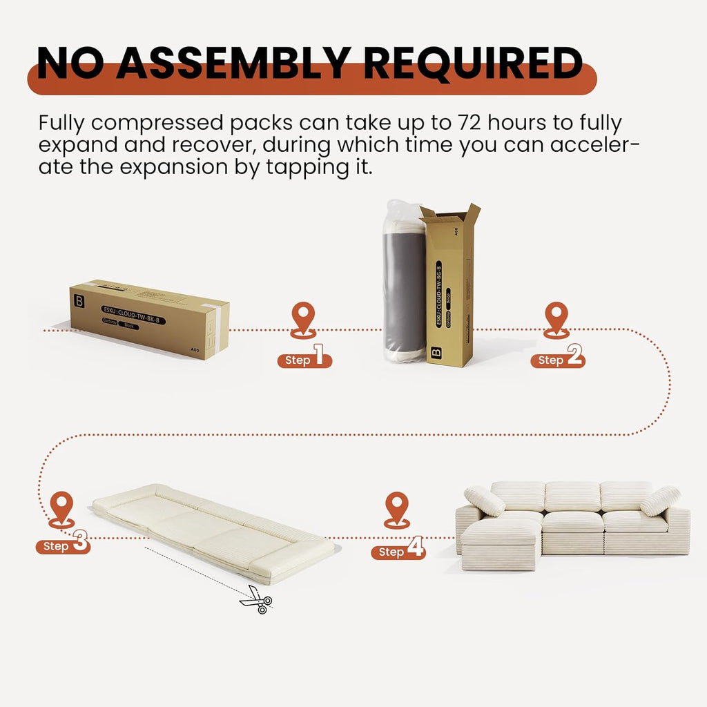 KKL 150" U Shaped Sectional Modular Boneless Sofa, 6 Seater Cloud Couch with Ottoman, Corduroy Sectional Couches for Living Room Bedroom, Beige