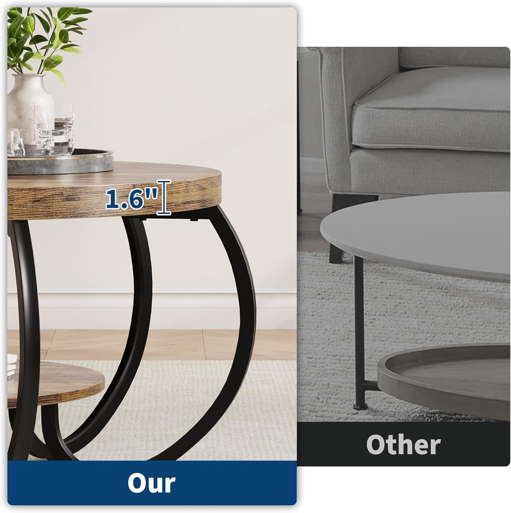 GarveeHome Round Coffee Table 30 in Center Table, 2-Tier Coffee Table Industrial Center Tables with Adjustable Feet, Living Room Tables with Storage Shelf and Designed Wood Grain, Easy Assemble