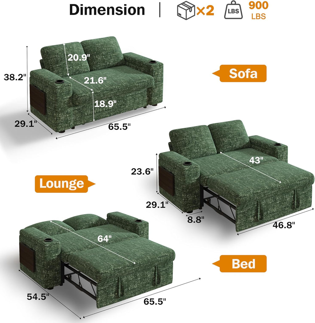 Vipbear 65" Loveseat Sleeper Sofa with Pull Out Bed, Chenille 3-in-1 Convertible Sofa Bed with Reclining Backrest|USB Ports|Cup Holders|Side Table|Storage Armrests, Tool Free Assembly, Green