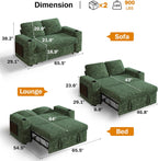 Vipbear 65" Loveseat Sleeper Sofa with Pull Out Bed, Chenille 3-in-1 Convertible Sofa Bed with Reclining Backrest|USB Ports|Cup Holders|Side Table|Storage Armrests, Tool Free Assembly, Green