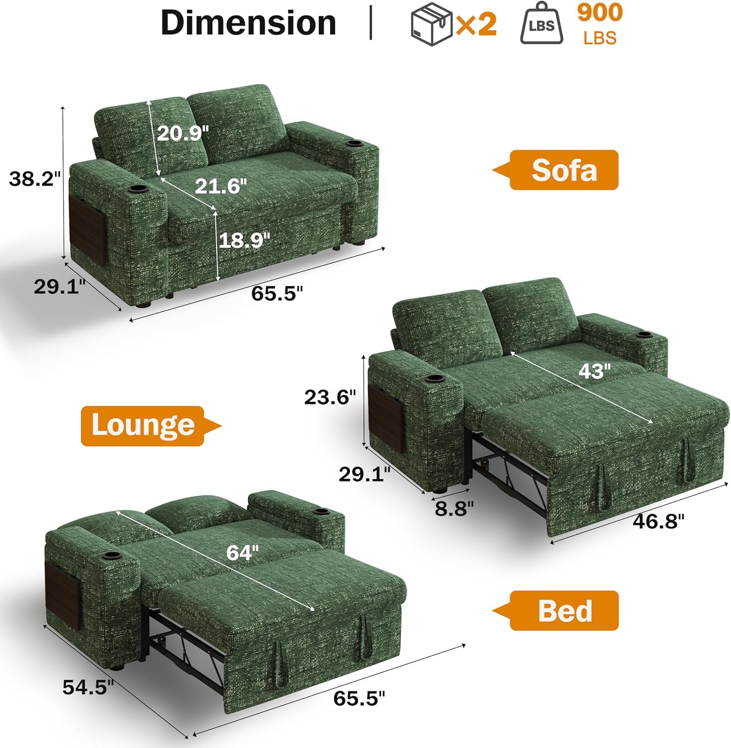 Vipbear 65" Loveseat Sleeper Sofa with Pull Out Bed, Chenille 3-in-1 Convertible Sofa Bed with Reclining Backrest|USB Ports|Cup Holders|Side Table|Storage Armrests, Tool Free Assembly, Green
