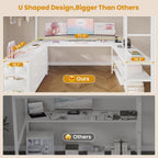 ADORNEVE Loft Bed Full Size with U-Shaped Desk, 6 Storage Drawers, Power Outlet, LED Metal Loft Bed with 2 Storage Shelves, Bed with Safety Guardrail & Ladders,Space-Saving,White
