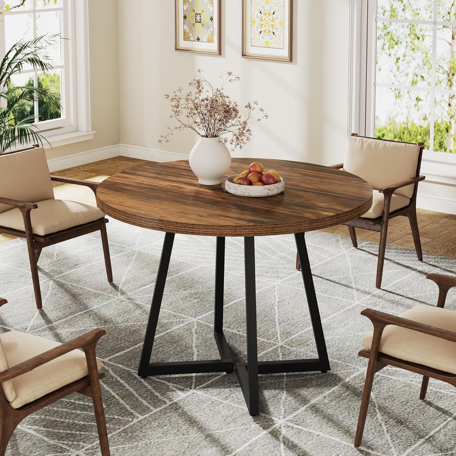 Tribesigns Round Dining Table for 2, 31.5" Industrial Kitchen Table with Metal Base, Small Table for Dining Room, Small Space, Apartment, Office, Restaurant, Rustic Brown & Black