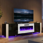 AMERLIFE Fireplace TV Stand with 40" Fireplace, 80" Modern Entertainment Center with High Gloss Doors & LED Lights, U-Shaped Legs TV Console Cabinet for TVs Up to 90", Black TV Stand White Fireplace