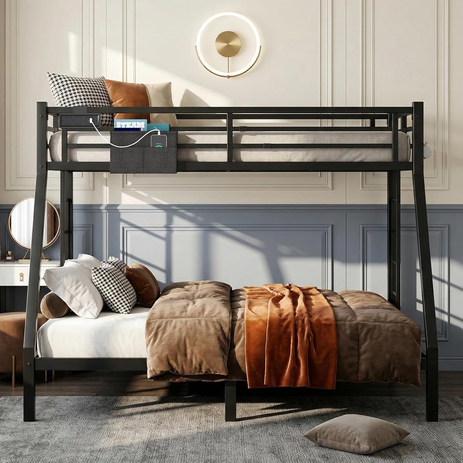 Twin XL Over Queen Bunk Bed, Metal Bunk Bed Frame Heavy Duty Bunk Beds Loft Bed Frame with Ladder and Guardrail Metal Slats No Box Spring Required for Adults Teens, Black