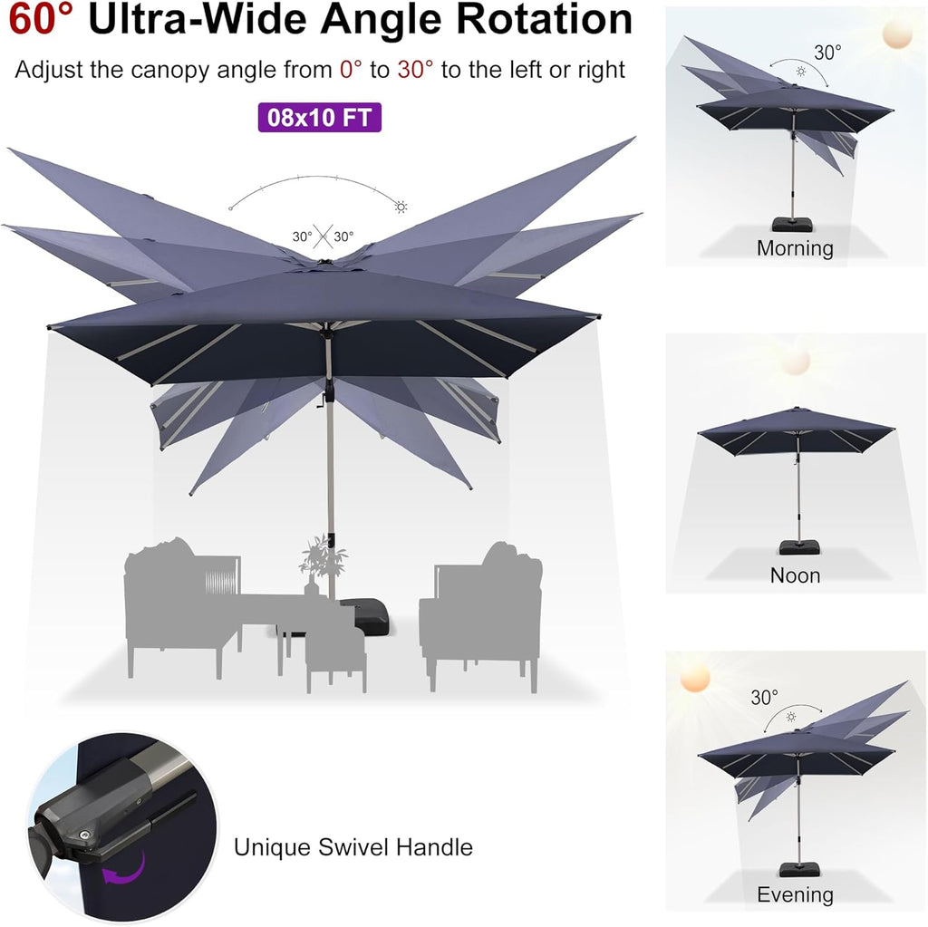 PURPLE LEAF 8' X 10' Left-right Tilting Patio Umbrella with Base Outdoor Swivel Cantilever Offset Aluminum Umbrella with Champagne Frame and 360-degree Rotation for Garden Deck Pool, Navy Blue