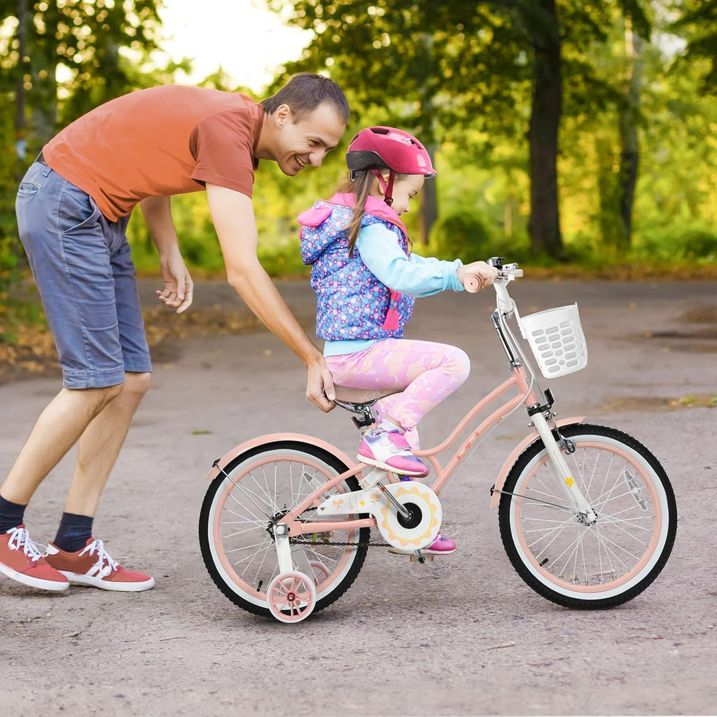 HONEY JOY Kids Bike, 12 14 16 18 20 Inch Toddler Bikes w/Training Wheels, Handbrake & Coaster Brake, Fully Enclosed Chain, Adjustable Handlebar & Seat, Kids Bicycle w/Basket, Girls Boys Bike 3-8