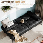 Shintenchi Futon Sofa Bed, Leather Foldable Couch, Reclining Sleeper with Removable Armrests, Upholstered Loveseat Sofa Couch with Folding Cup Holders for Home, Office(Black)