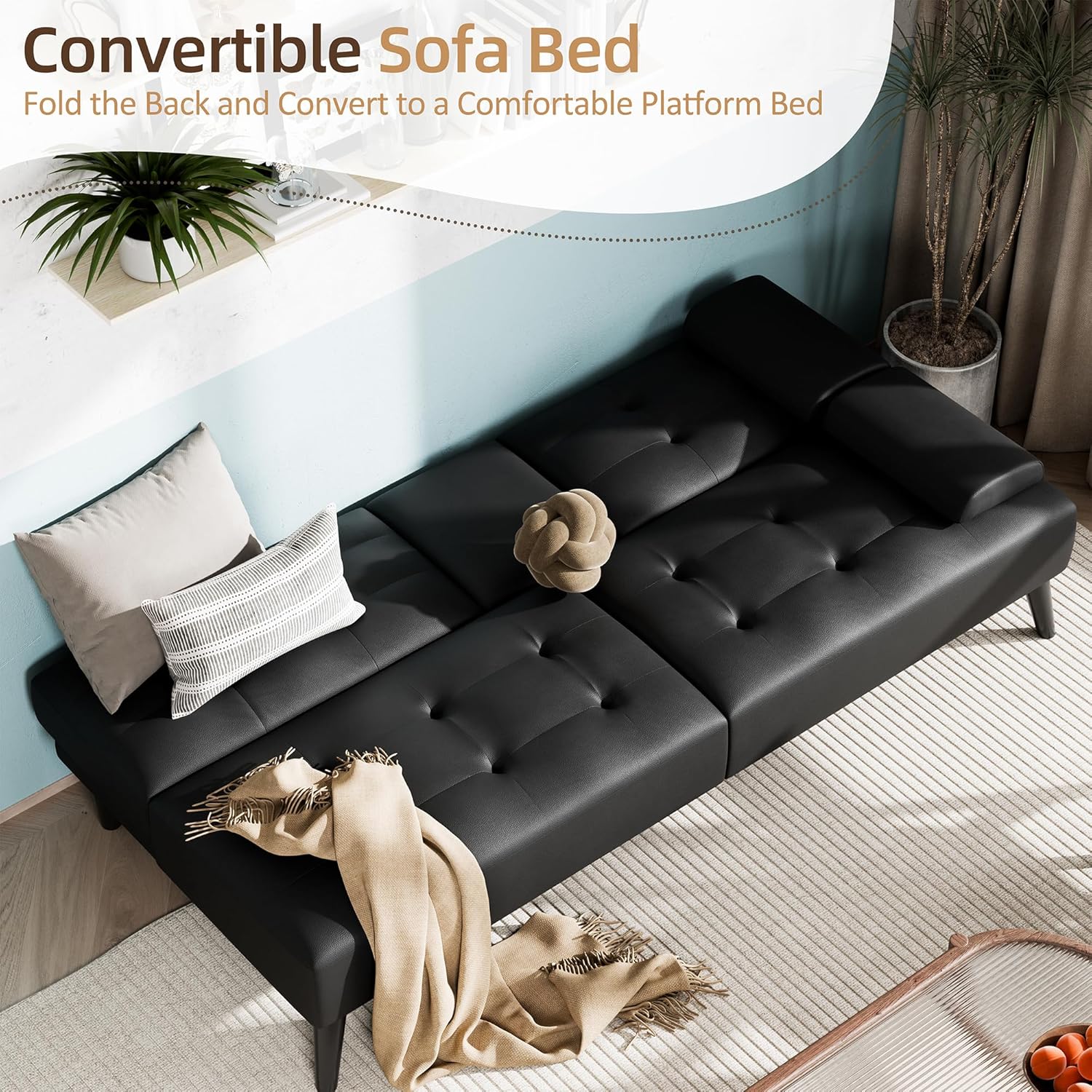 Shintenchi Futon Sofa Bed, Leather Foldable Couch, Reclining Sleeper with Removable Armrests, Upholstered Loveseat Sofa Couch with Folding Cup Holders for Home, Office(Black)