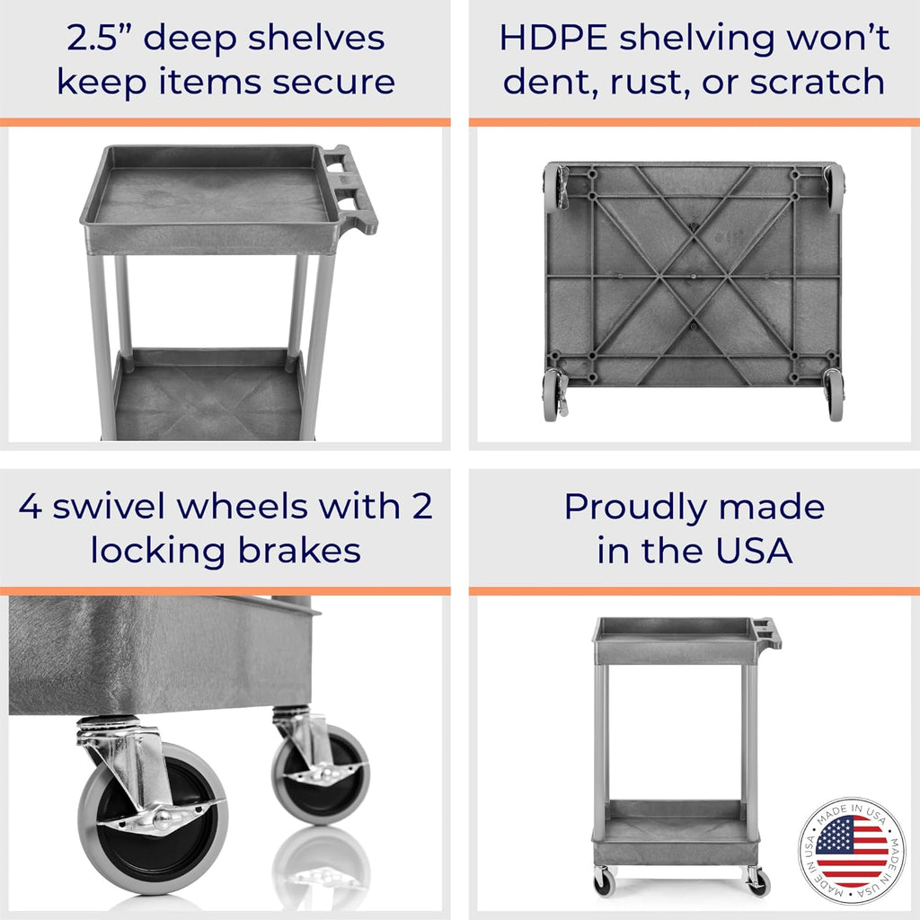 Stand Steady Tubstr Compact 2 Shelf Utility Cart | Made in USA | Space-Saving Tub Cart Holds Up to 300 lbs | Storage & Rolling Tool Cart for School, Office, Garage & Warehouse (24 x 18in / Gray)