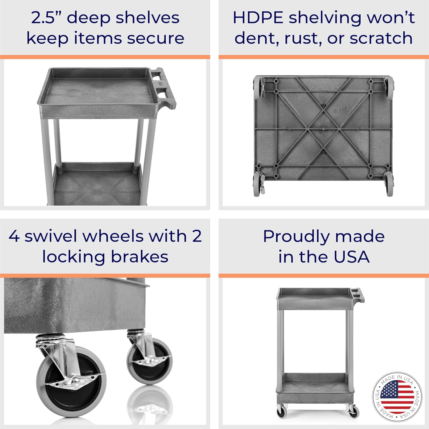 Stand Steady Tubstr Compact 2 Shelf Utility Cart | Made in USA | Space-Saving Tub Cart Holds Up to 300 lbs | Storage & Rolling Tool Cart for School, Office, Garage & Warehouse (24 x 18in / Gray)
