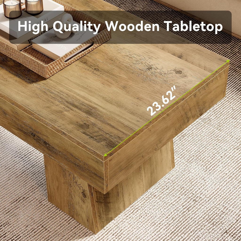 LITTLE TREE Farmhouse Coffee Table, 47 Inches Wooden Rectangular Accent Center Tables with Thick Base, Modern Low Cocktail Tea Furniture for Living Room (Rustic Brown)