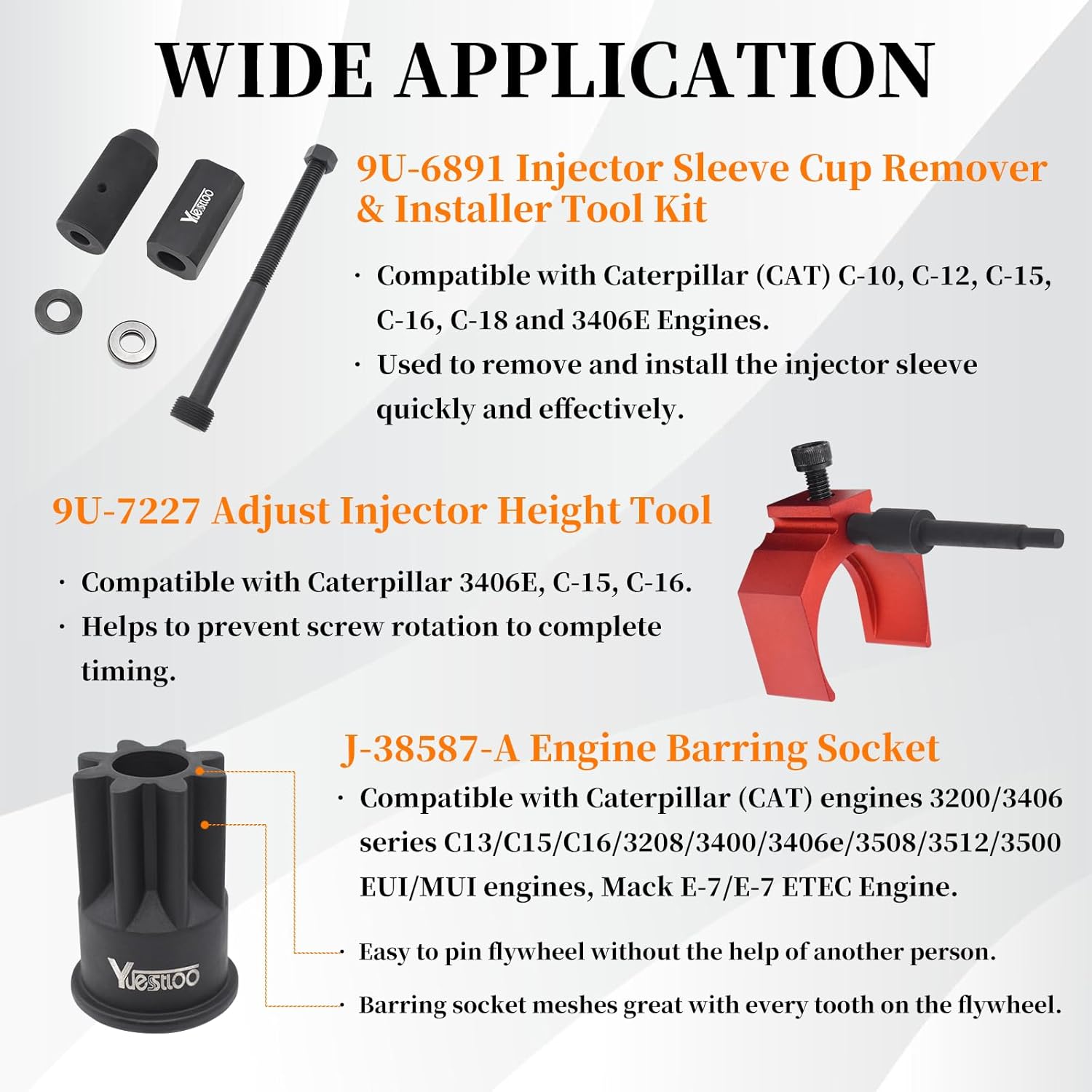 9U-6891 Injector Sleeve Remover Installer Set + J-42083 Automatic Timing Pin + 9U-7227 Injector Height Tool + J-38587-A Engine Barring Socket Fits for CAT Caterpillar 3406E C15 C16 Engines