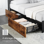 GarveeHome King Size Bed Frame with 4 Storage Drawers, Upholstered Storage Charging Headboard, Heavy Duty Metal Platform Bed Frame, Noise Free, No Box Spring Needed, Rustic Brown