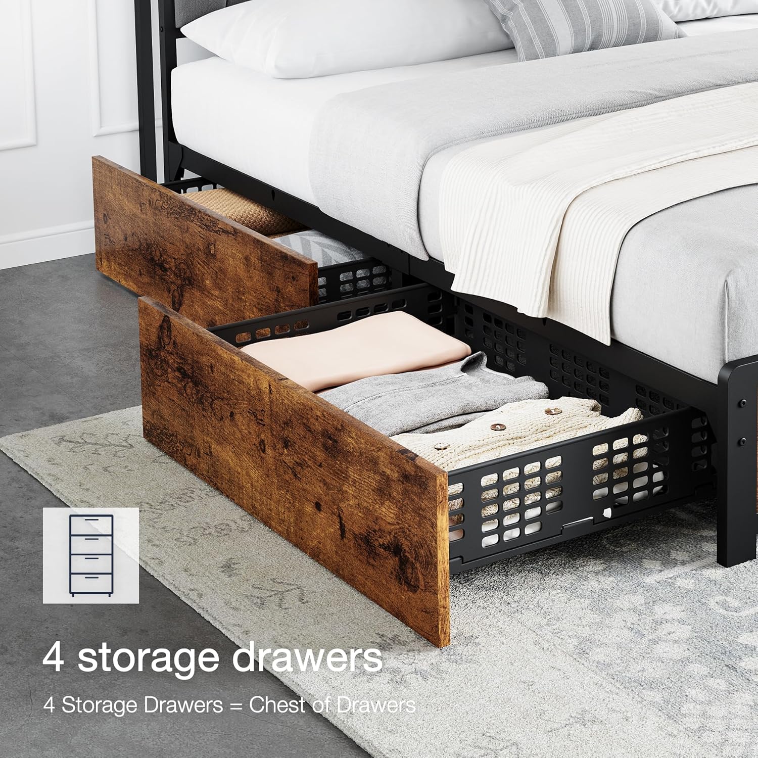 GarveeHome King Size Bed Frame with 4 Storage Drawers, Upholstered Storage Charging Headboard, Heavy Duty Metal Platform Bed Frame, Noise Free, No Box Spring Needed, Rustic Brown