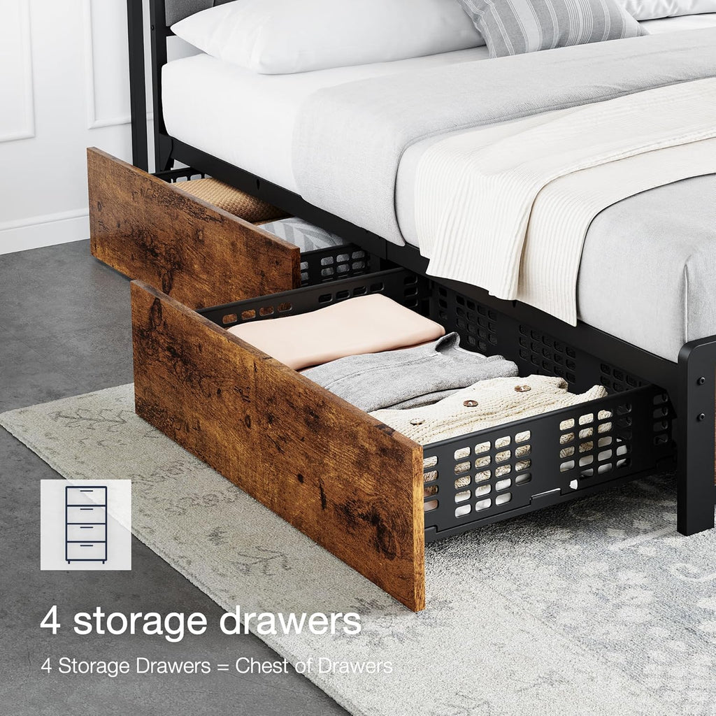 GarveeHome King Size Bed Frame with 4 Storage Drawers, Upholstered Storage Charging Headboard, Heavy Duty Metal Platform Bed Frame, Noise Free, No Box Spring Needed, Rustic Brown