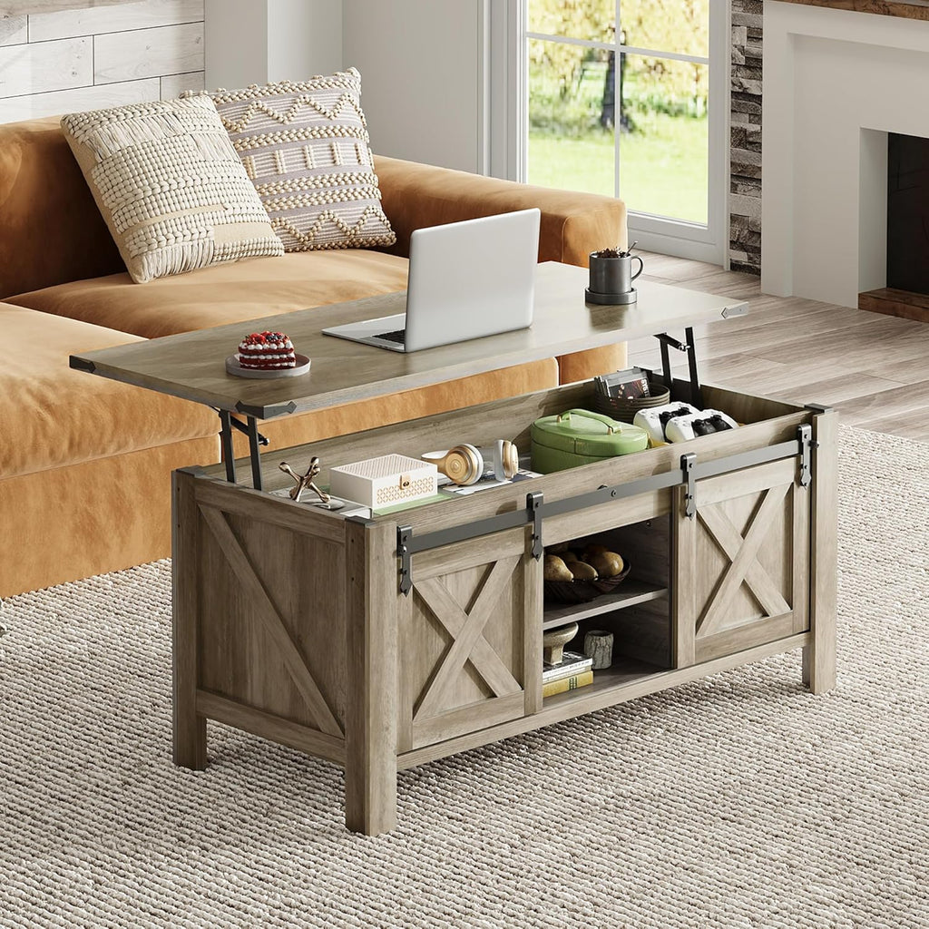 WLIVE 47.3" Farmhouse Lift Top Coffee Table with Sliding Barn Doors, Large Hidden Storage Compartment and Adjustable Shelf for Living Room,Office, Greige