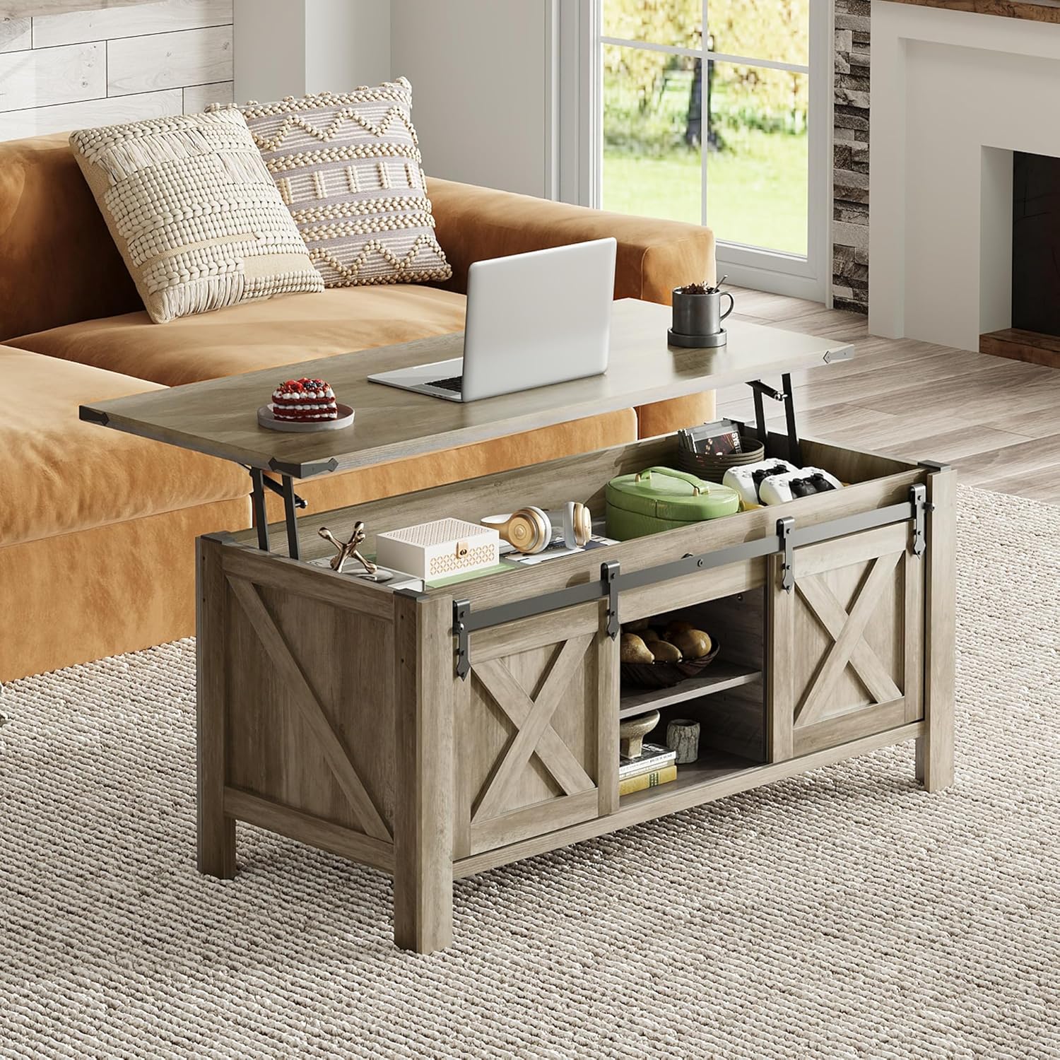 WLIVE 47.3" Farmhouse Lift Top Coffee Table with Sliding Barn Doors, Large Hidden Storage Compartment and Adjustable Shelf for Living Room,Office, Greige