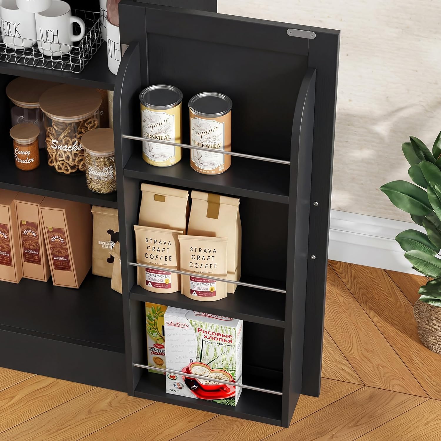 71” Large Sideboard Buffet Cabinet with Storage, Farmhouse Buffet Cabinet with Adjustable Shelves and 3 Door Shelves, Wood Coffee Bar Console Table for Kitchen, Dining Room (Black)