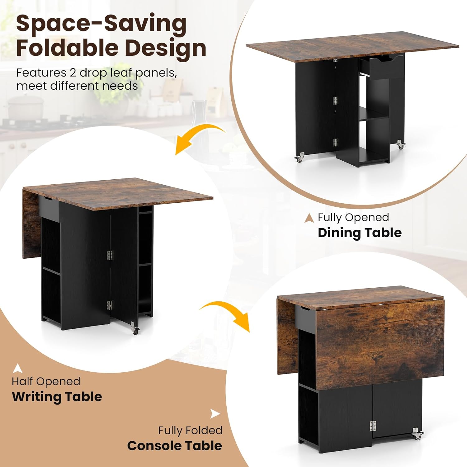 Giantex 47.5" Folding Dining Table for 2-4, Drop Leaf Wooden Dinner Table with 2-Tier Storage Shelf and Drawer, Lockable Wheels, Space Saving Kitchen Tables for Dinette, Small Space (Black+Brown)