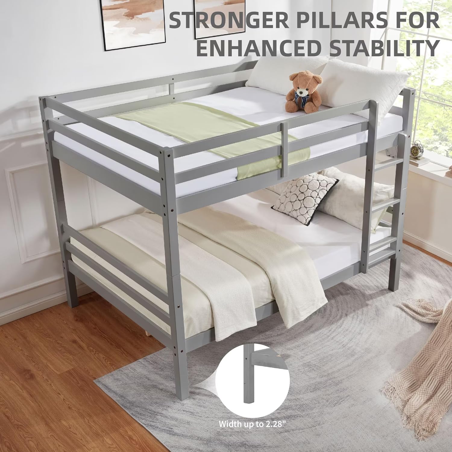 Full Over Full Bunk Bed with Ladder, Solid Wood Bunk Bed with High Guardrail and Ladder for Kids, Teens, Dorm Rooms, and Guest Rooms, No Box Spring Needed, Grey