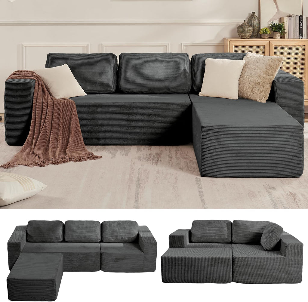 106" Cloud Sectional Couch, Left/Right Facing Convertible Sofa with Deep Seat, L-Shape Modular Upholstered Foam Couch for Living Room Bedroom, No Assembly Required (Corduroy Fabric, Grey)