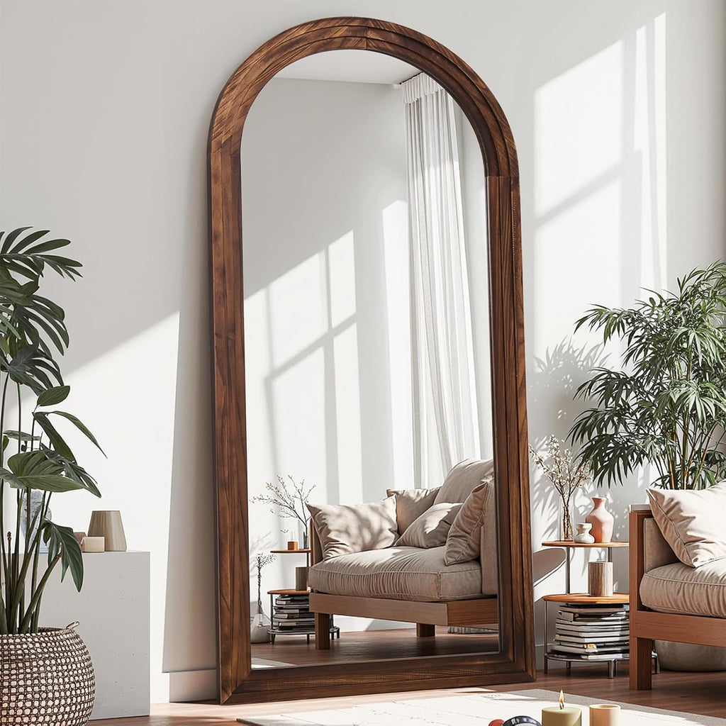 Antok Floor Mirror, Wood Full Length Mirror Wooden Full Body Mirror with Stand, Hanging Mounted for Living Room Cloakroom, 71"×32", Walnut, Arched Style