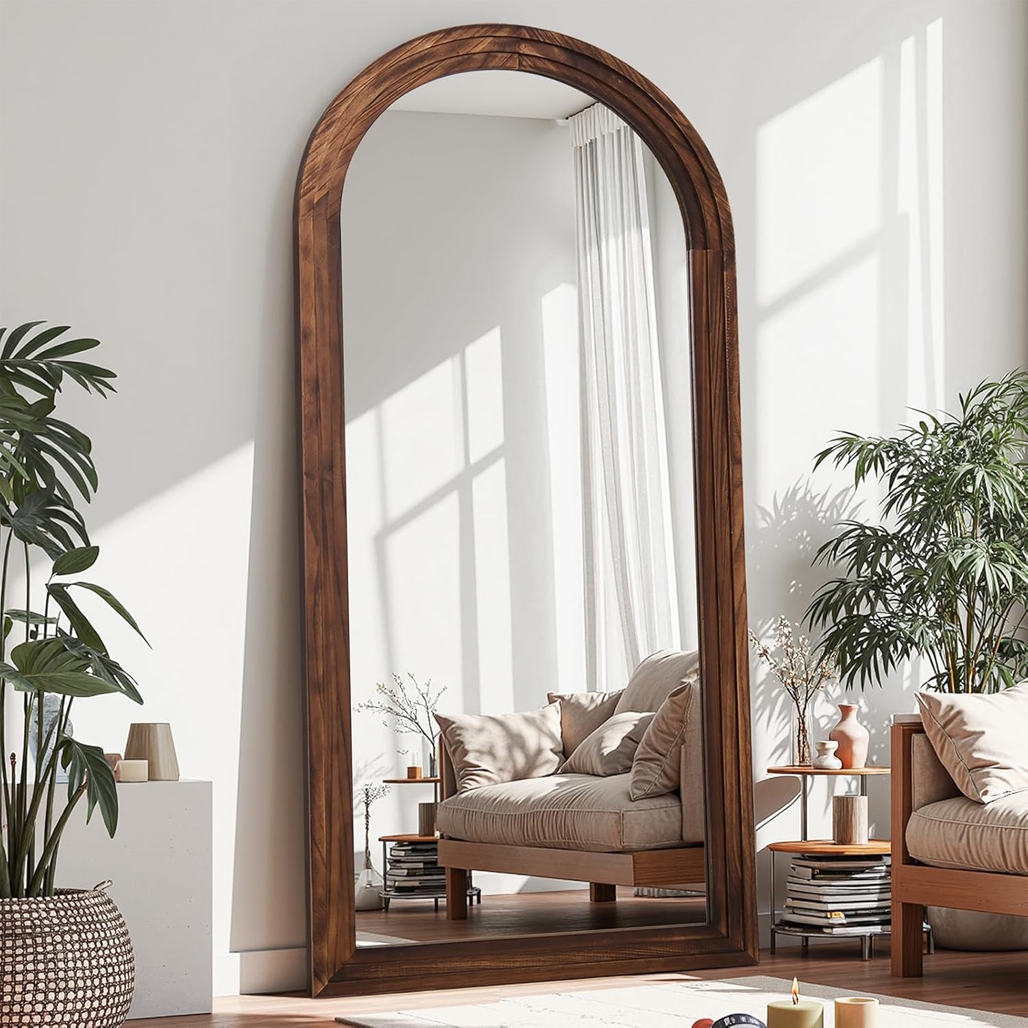 Antok Floor Mirror, Wood Full Length Mirror Wooden Full Body Mirror with Stand, Hanging Mounted for Living Room Cloakroom, 71"×32", Walnut, Arched Style
