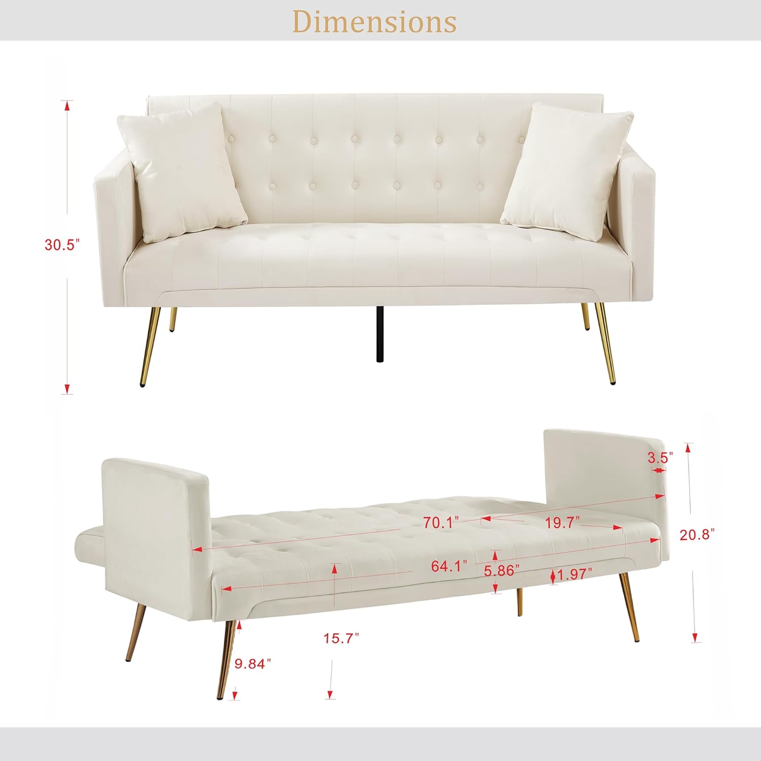 72"Modern Velvet Sofa Bed Futon,Convertible Folding Sleeper Bed Couches with 3 Adjustable Backrests,Tufted Recliner Loveseat with Golden Chrome Legs for Small Living Room Office (Beige+buttons tufted)