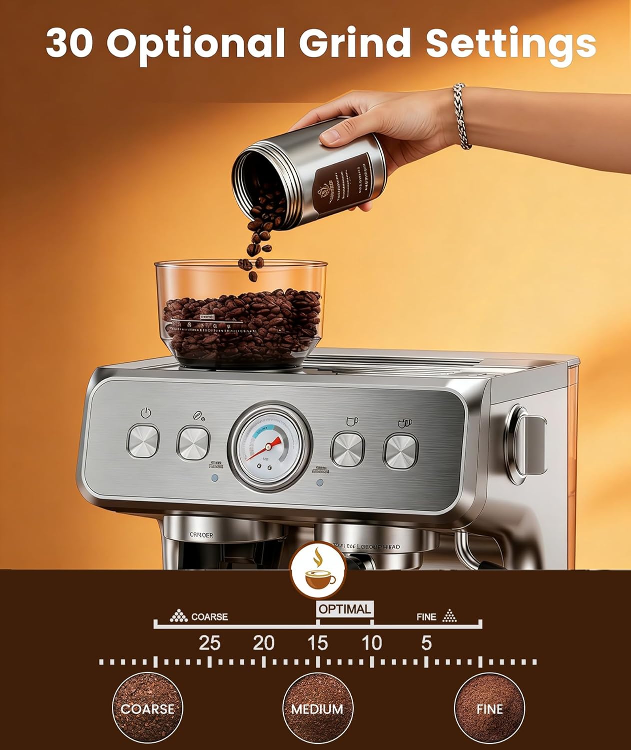 Dual Boiler Espresso Machine with Grinder, 20 Bar Espresso Machines-Use Milk Frother and Brew Coffee Machine Simultaneously, Removable Water Tank, Coffee Maker Cappuccino Latte, 95oz Water Tank