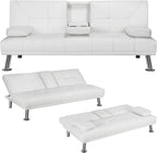 Yaheetech Convertible Sofa Bed Adjustable Couch Sleeper Modern Faux Leather Home Recliner Reversible Loveseat Folding Daybed Guest Bed, Removable Armrests, Cup Holders, 3 Angles, 772lb Capacity, Black