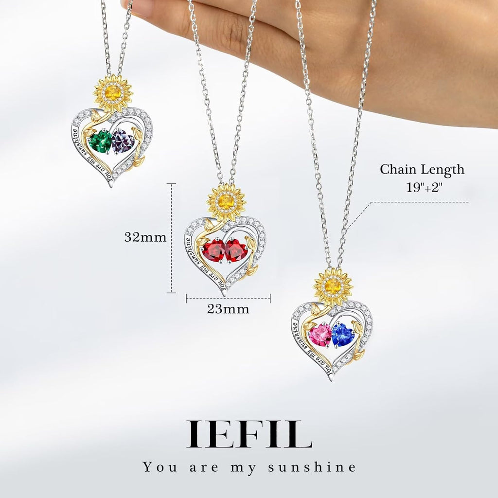 Iefil Mothers Day Gifts - 925 Sterling Silver Sunflower Double Birthstone Necklace for Women, Anniversary Birthday Gifts for Wife Mom