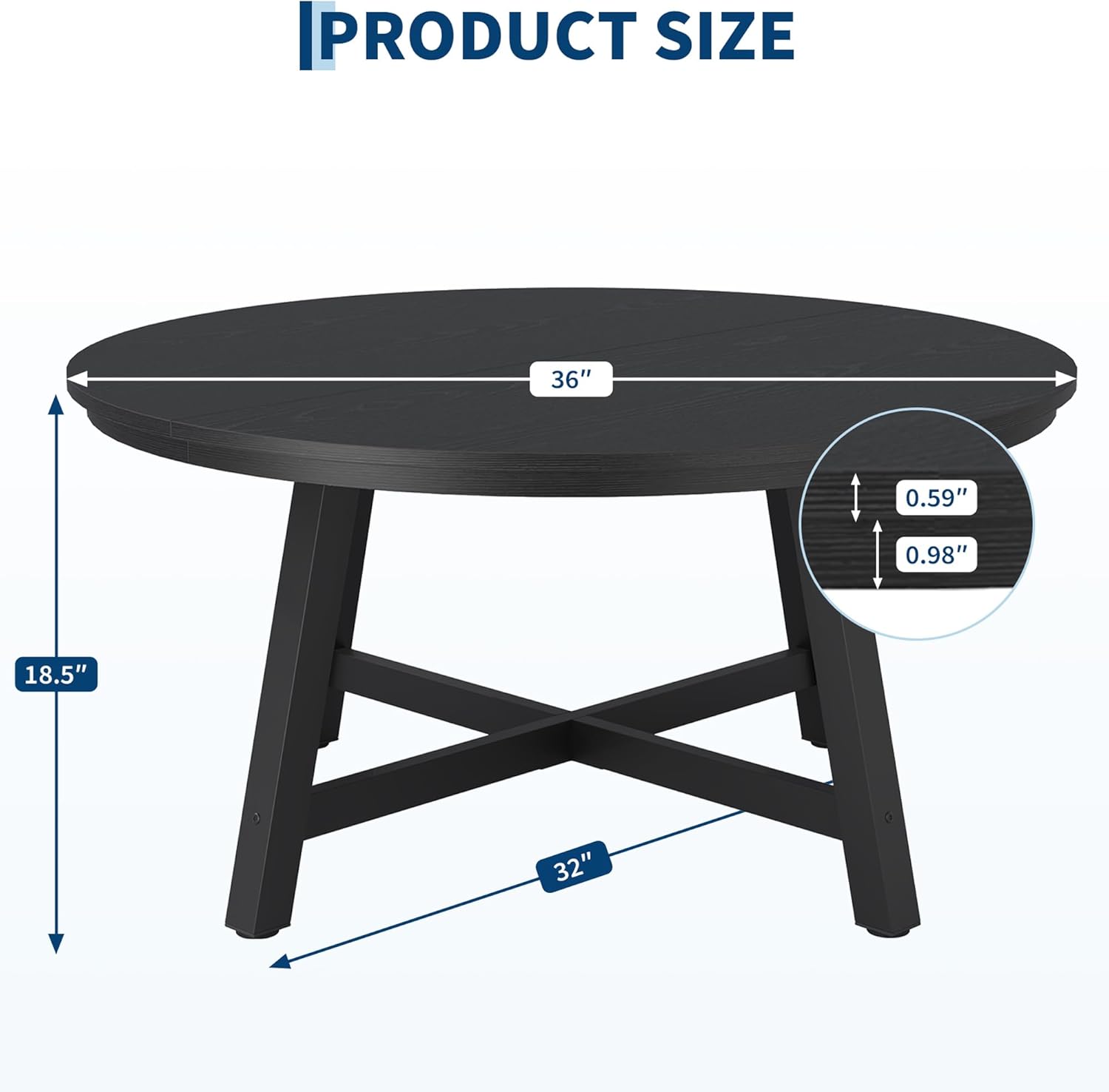 GarveeHome Round Coffee Table 36" Center Table,Large Coffee Table Black Accent Tables with Adjustable Feet, Living Room Tables with Thickened Legs and Designed Wood Grain, Easy Assemble