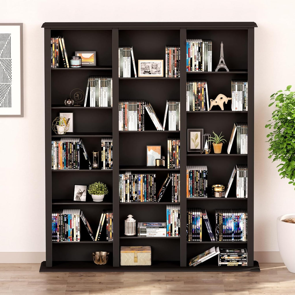 Prepac Barrister 3 Column Tall Storage Cabinet, Black Storage Cabinet with 27 Adjustable Shelves Display DVD for Living Room, 9.5" D x 57" W x 63.75" H