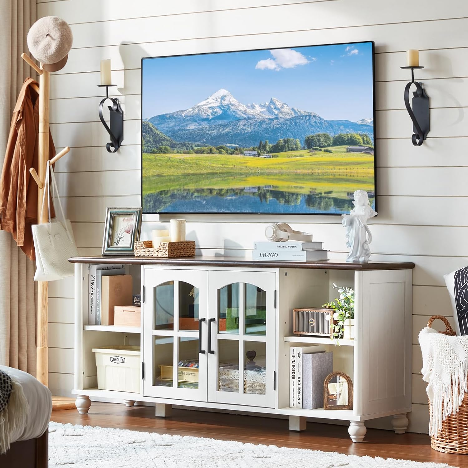 Farmhouse TV Stand for 60 Inch TV, Wood Entertainment Center with Glass Door Storage Cabinet & Adjustable Shelves,Television Stands for 65" TVS, TV Console Table for Living Room,Bedroom,White