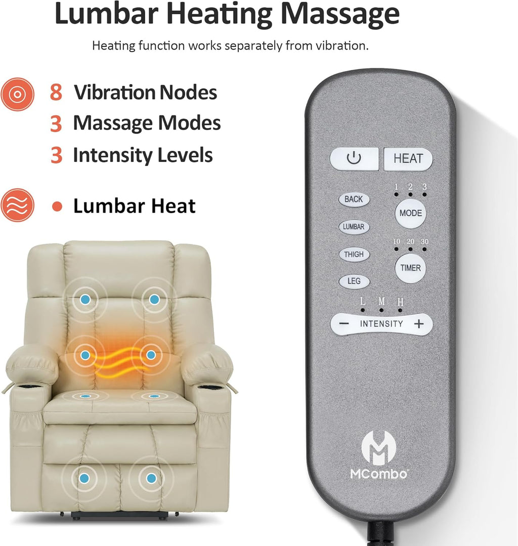 MCombo Dual Motor Power Lift Recliner Chair for Elderly, Lay Flat Lift Chair with Heat and Massage, Cup Holders, USB Ports, Faux Leather 7890 (Cream White, Medium)