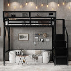 KEIKI Full Size Metal Loft Bed Frame with Convertible Staircase, Built-in Storage Shelves and Wardrobe, Loft Bed with Solid Slats, Guardrail, No Box Spring Required, Easy Assembly, for Bedroom, Black