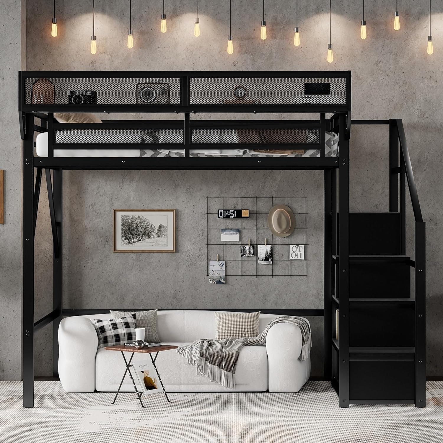 KEIKI Full Size Metal Loft Bed Frame with Convertible Staircase, Built-in Storage Shelves and Wardrobe, Loft Bed with Solid Slats, Guardrail, No Box Spring Required, Easy Assembly, for Bedroom, Black