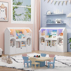 Kids Bookshelf with Toy Storage, Castle-Shaped Bookshelf with 3 Movable Drawers and LED Lights, Toy Storage Organizer with 3-Tier Book Rack for Kids Room, Playroom, Nursery