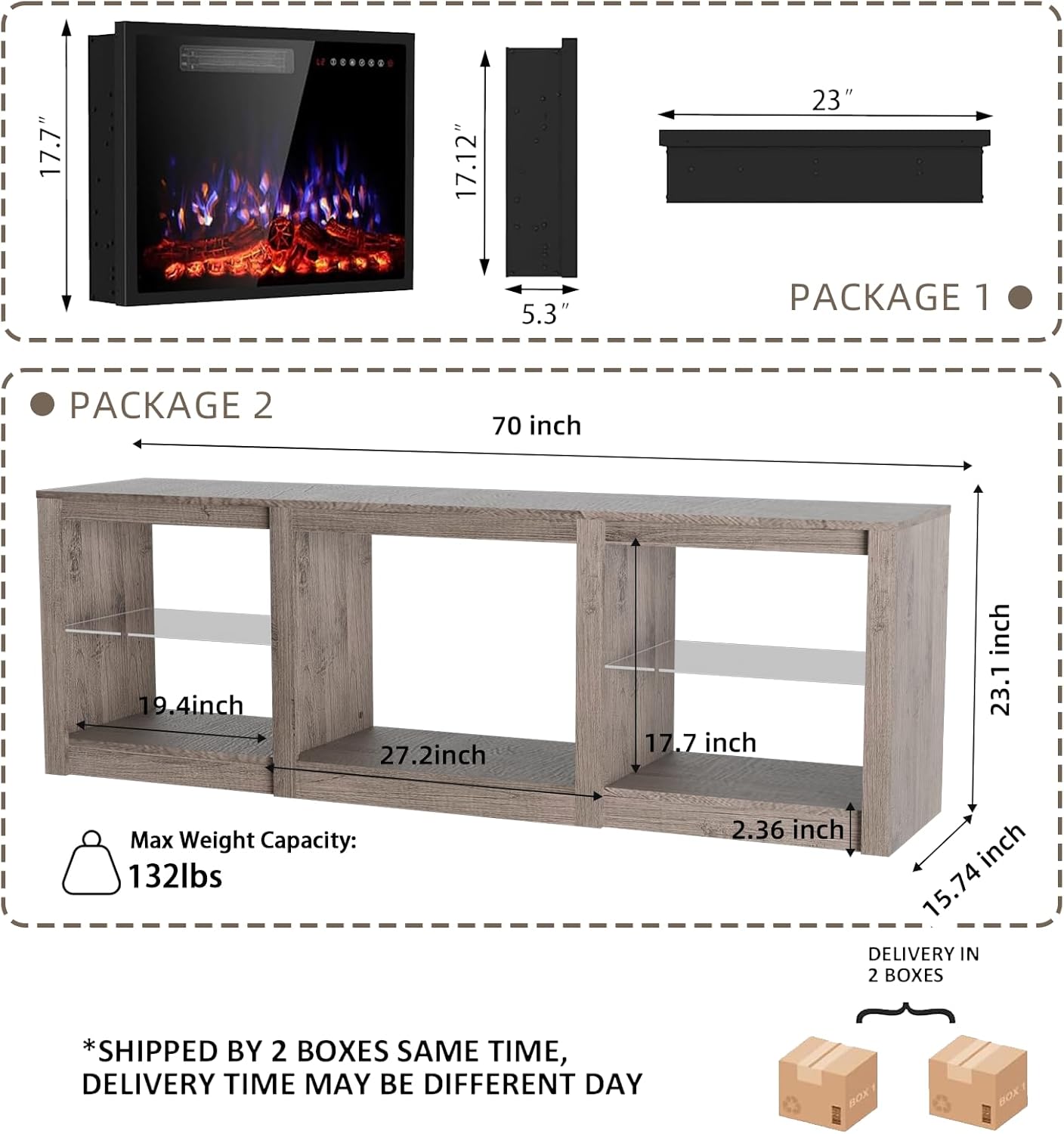 70" Fireplace TV Stand for TVs up to 80 Inches with 23'' Electric Fireplace Insert, Entertainment Center for Living Room, Gray