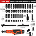 LLNDEI 3/8" 58Pcs Cordless Electric Ratchet Wrench Set with Socket Set,12V High Capacity Electric Wrench(40FT-LBS(55N.M)) with Adjustable Speed, LED Light for Battery.